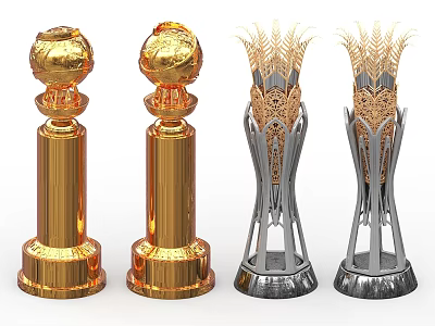 Gold and Silver Trophies with Various Decorative Designs and Ornate Bases 3d model