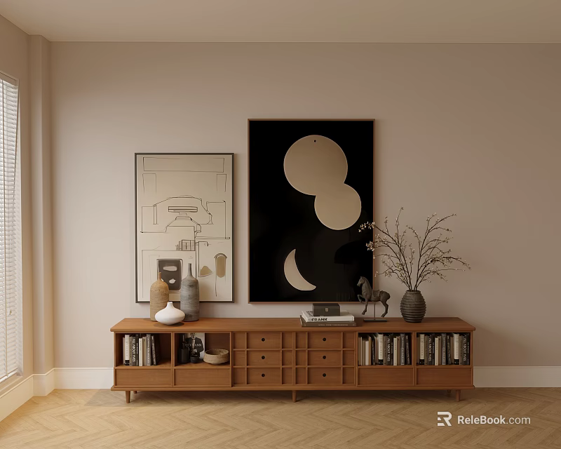 Modern Wooden Sideboard with Decorative Wall Art Vase and Books in Minimalist Living Room 3d model 