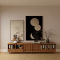 Modern Wooden Sideboard with Decorative Wall Art Vase and Books in Minimalist Living Room