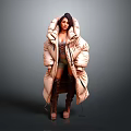 Woman In Long Puffer Coat With Shorts And Knee High Boots On Dark Background