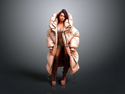 Woman In Long Puffer Coat With Shorts And Knee High Boots On Dark Background 3d model