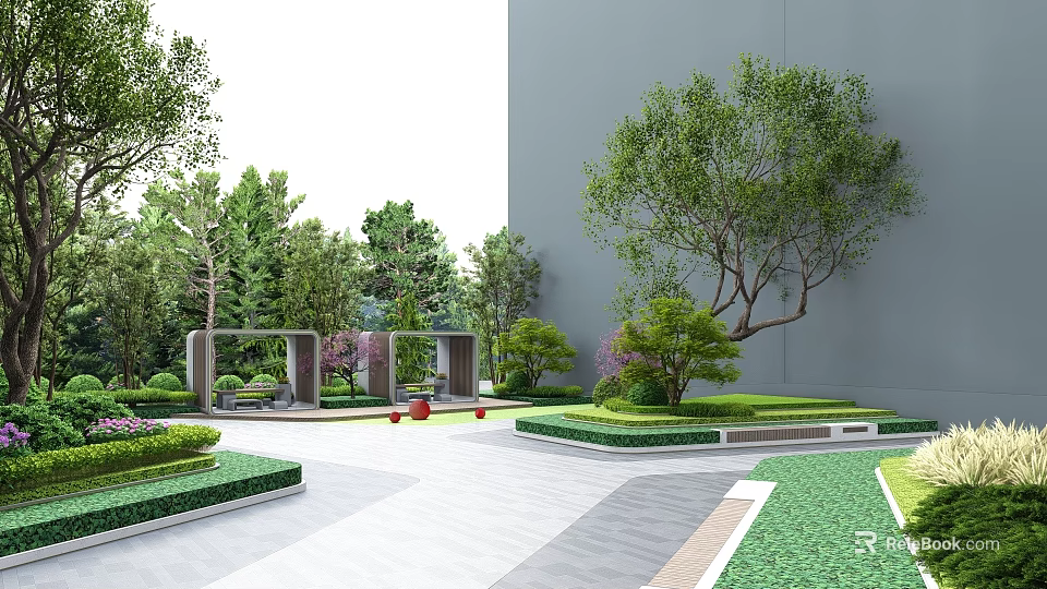 Serene Office Landscape With Lush Trees Green Lawns Geometric Beds And Paved Ground 3d model 