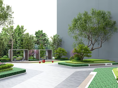 Serene Office Landscape With Lush Trees Green Lawns Geometric Beds And Paved Ground 3d model