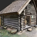 Traditional Wooden Cabin with Thatch Roof Log Structure Near Trees And Fence In Natural Setting 3d model