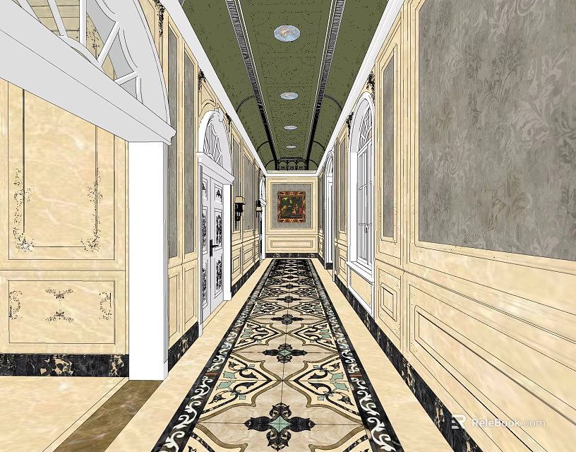 Elegant Elevator Hallway Interior Design With Ornate Patterned Carpet And Decorative Walls 3d model