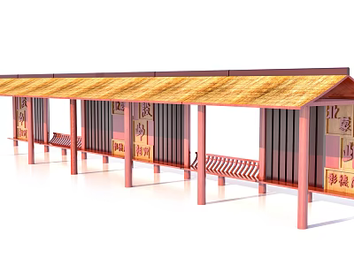 Traditional Rest Area Canopy with Wooden Roof Bench Seats and Decorative Signboards 3d model