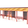 Traditional Rest Area Canopy with Wooden Roof Bench Seats and Decorative Signboards