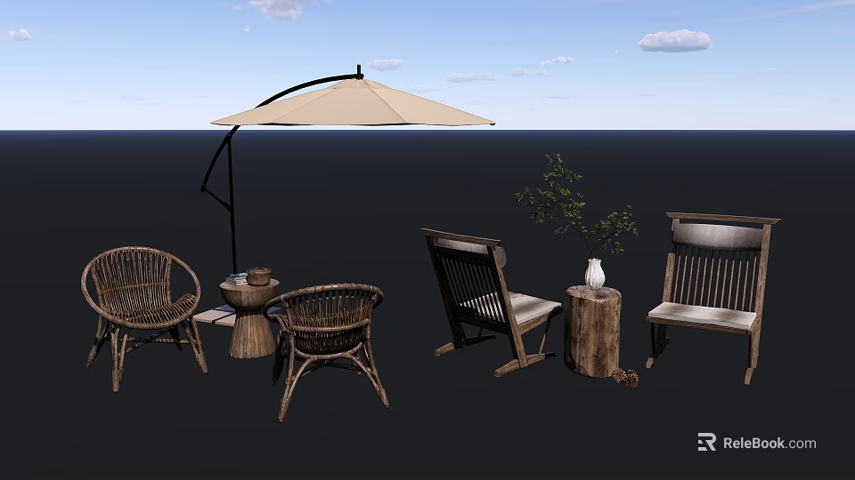 Garden Landscape Design With Outdoor Furniture Umbrella Green Plants And Wooden Elements 3d model 