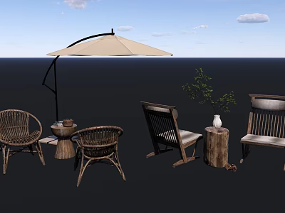 Garden Landscape Design With Outdoor Furniture Umbrella Green Plants And Wooden Elements 3d model