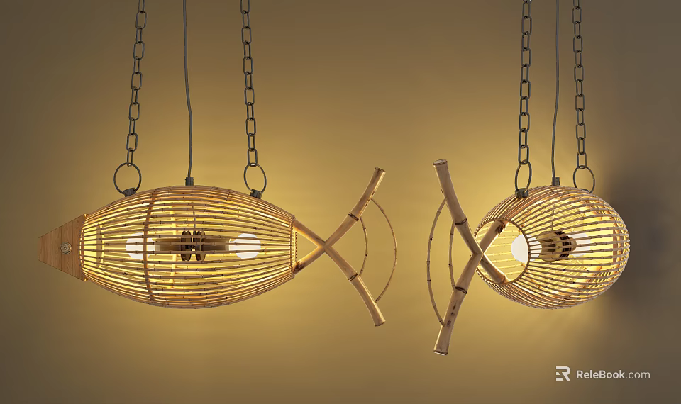 Woven Rattan Fish Shaped Chandeliers Hanging with Metal Chains and Warm Light 3d model 