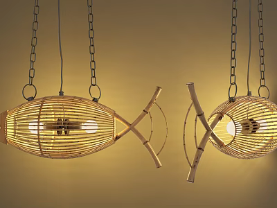 Woven Rattan Fish Shaped Chandeliers Hanging with Metal Chains and Warm Light 3d model