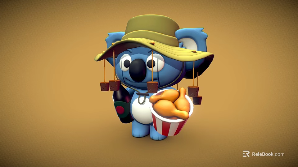 Cute Cartoon Koala Character Wearing Green Hat Holding Beverage And Fried Chicken Bucket 3d model 