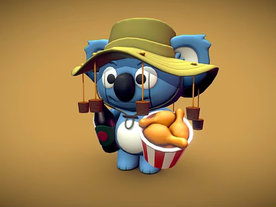 Cute Cartoon Koala Character Wearing Green Hat Holding Beverage And Fried Chicken Bucket 3d model