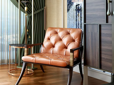 Elegant Leather Leisure Chair With Tufted Design Wooden Armrests And Side Table 3d model