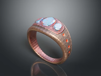 Stylish Copper Ring With Round Opal Gemstones And Orange Accents On Textured Band 3d model