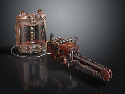 Vintage Hardware Tools Including Chainsaw And Backpack Style Power Pack With Metallic Brown Finish 3d model