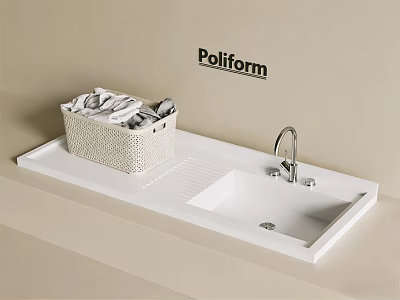 Modern Poliform Washbasin with Wicker Basket of Towels and Faucet on Light Background 3d model