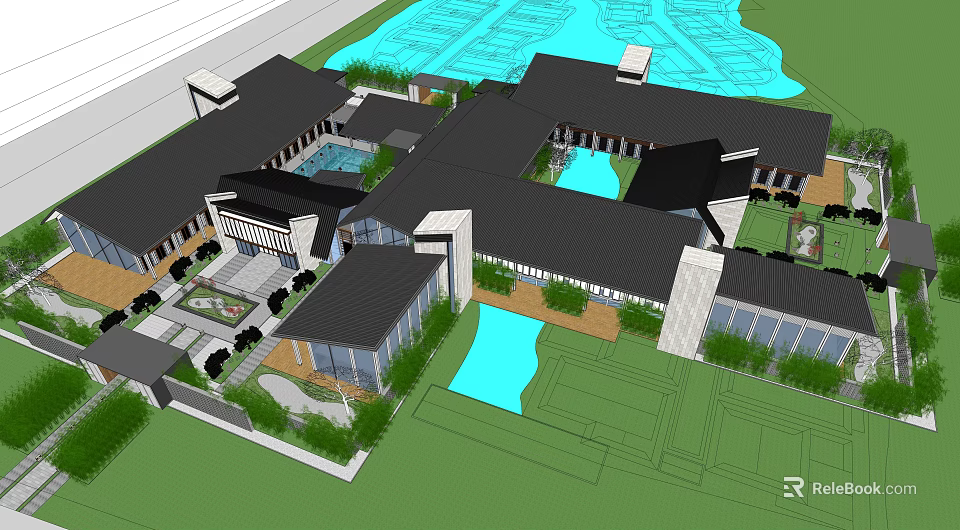 Boutique Hotel Building With Black Roofs Ponds Courtyards And Lush Greenery 3d model 