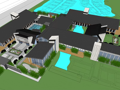Boutique Hotel Building With Black Roofs Ponds Courtyards And Lush Greenery 3d model