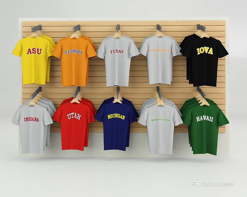 Colorful University Logo T-shirts Hanging On Wooden Display Rack With Various Colors And College Names 3d model 