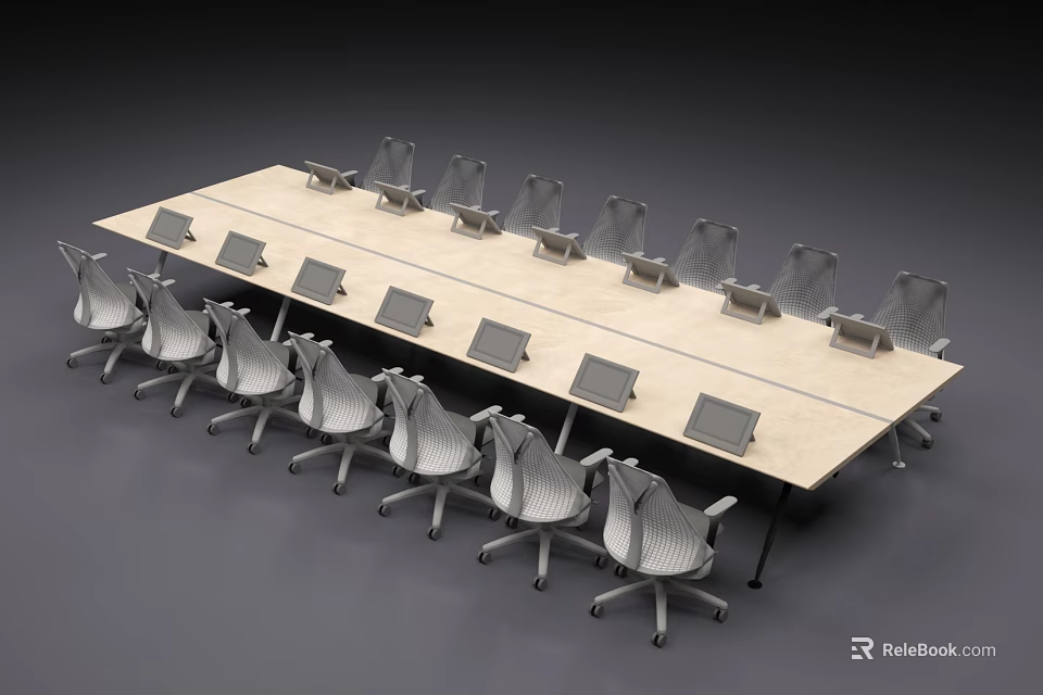 Modern Light Wood Conference Table With Surrounding Gray Chairs And Tablets 3d model 