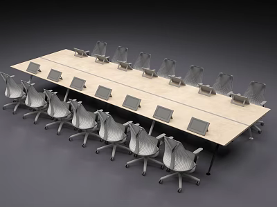 Modern Light Wood Conference Table With Surrounding Gray Chairs And Tablets 3d model