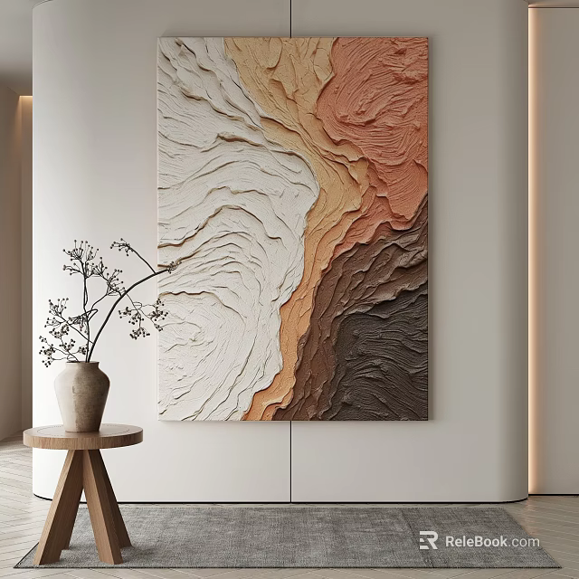 Abstract Painting With Layered Textures Earth Tones In Minimalist Interior With Decorative Vase Wooden Table 3d model 