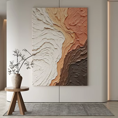 Abstract Painting With Layered Textures Earth Tones In Minimalist Interior With Decorative Vase Wooden Table 3d model