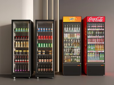Four Upright Display Refrigerators Filled With Various Beverages Including Coca Cola 3d model