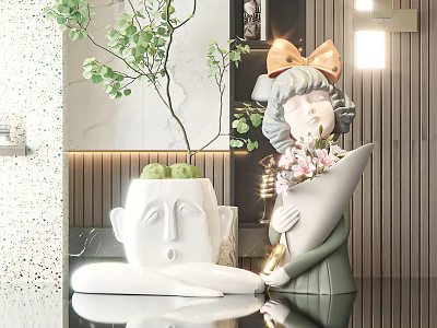 White Face Shaped Vase With Green Plants Green Figurine Holding Flower Bouquet On Modern Countertop 3d model