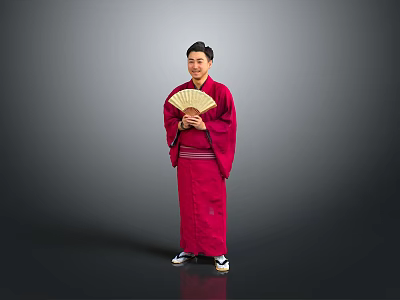 Man In Red Kimono Holding A Folding Fan Against Gray Background 3d model