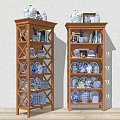 Light Wooden Display Shelves With Blue And White Porcelain Books And Decorative Items