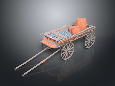 Classic Ancient Wooden Cart With Two Wooden Barrels And Large Spoked Wheels 3d model