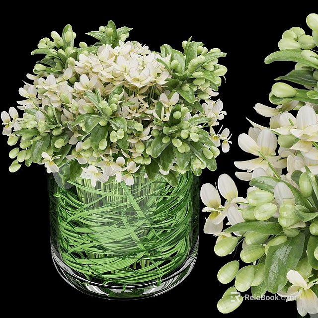 Decorative Ornament Set With Transparent Glass Vase White Green Flowers And Grass 3d model 