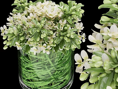 Decorative Ornament Set With Transparent Glass Vase White Green Flowers And Grass 3d model