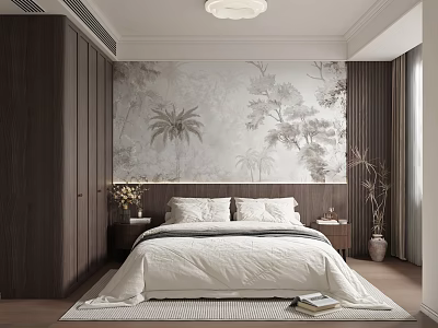 Modern Bedroom Interior With Dark Wooden Wardrobes Tropical Plant Wallpaper And White Bedding 3d model