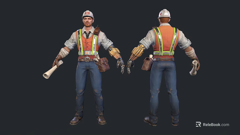 Man in Construction Work Uniform With Safety Vest Hard Hat Megaphone and Tool Belt 3d model 