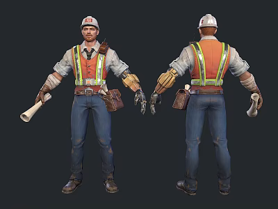 Man in Construction Work Uniform With Safety Vest Hard Hat Megaphone and Tool Belt 3d model