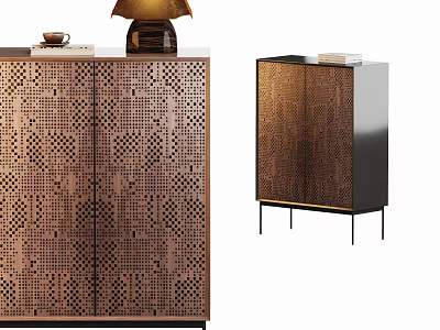 Modern Entryway Cabinet and Side Cabinet with Perforated Pattern Bronze Finish Top Lamp Decor Items 3d model