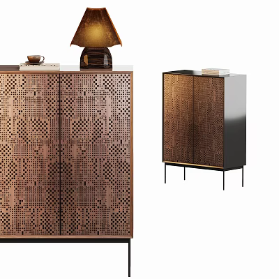 Modern Entryway Cabinet and Side Cabinet with Perforated Pattern Bronze Finish Top Lamp Decor Items 3d model