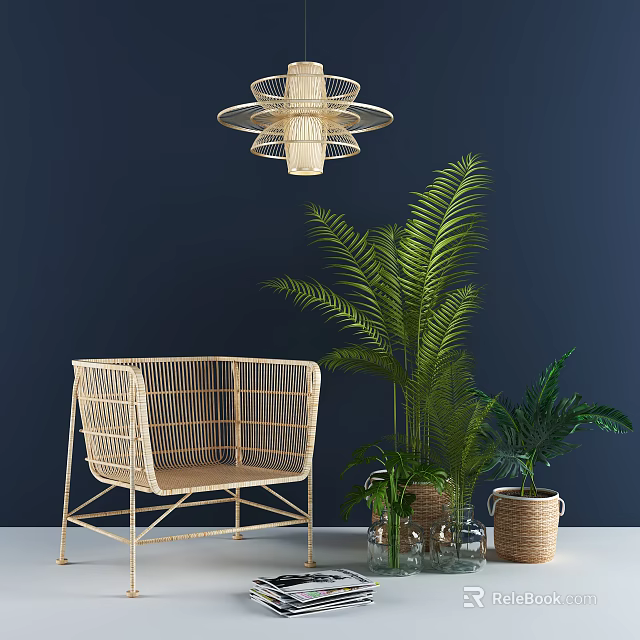 Woven Rattan Lounge Chair With Gold Frame In Deep Blue With Green Plants Pendant Light 3d model 