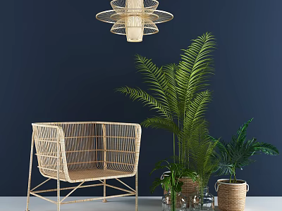 Woven Rattan Lounge Chair With Gold Frame In Deep Blue With Green Plants Pendant Light 3d model