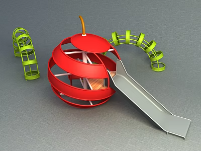 Red Apple Shaped Playground Equipment With Slide And Green Spiral Structures 3d model