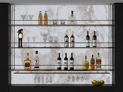 Stylish Wine Rack With Multiple Shelves Wine Bottles Glasses And Fruits On Marble Background 3d model