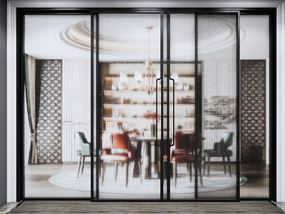 Stylish Glass Sliding Door With Black Frame In Modern Dining Room With Table And Bookshelf 3d model