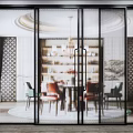 Stylish Glass Sliding Door With Black Frame In Modern Dining Room With Table And Bookshelf