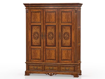 Antique Wooden Wardrobe with Carved Patterns Three Door Design and Bottom Drawers 3d model