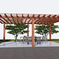 Wooden Pergola With Dining Table And Chairs In Grass Surrounded Patio