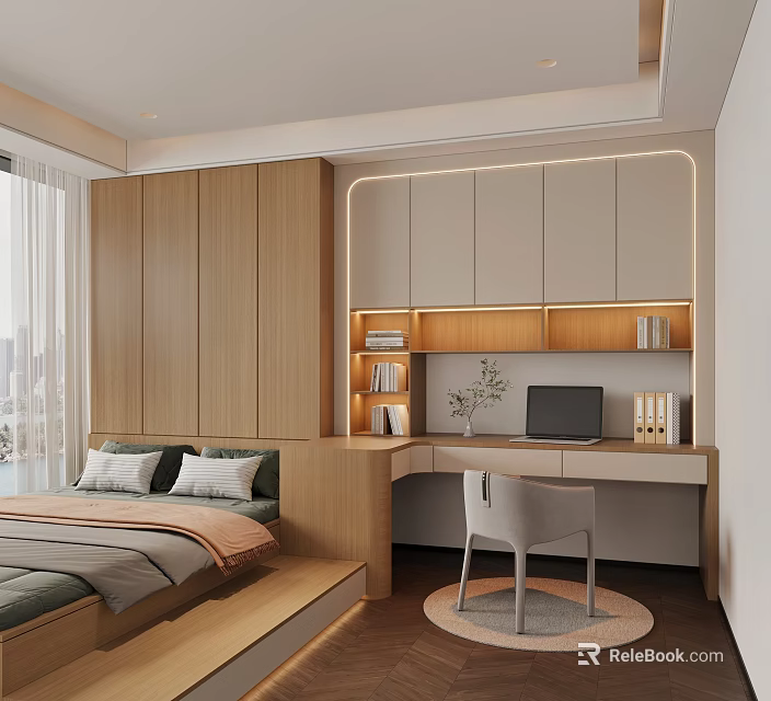 Tatami Bedroom Interior With Wooden Cabinets Desk Chair Books Plant And Natural Light 3d model 