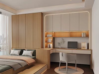 Tatami Bedroom Interior With Wooden Cabinets Desk Chair Books Plant And Natural Light 3d model